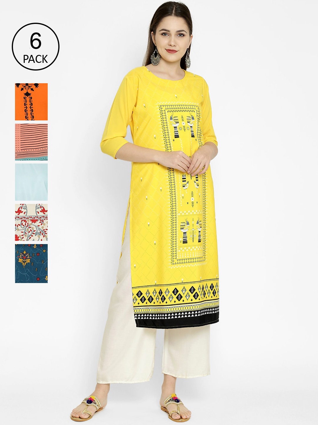 

7Threads Women Multicoloured Ethnic Motifs Printed Crepe Kurta Pack of 6, Multi
