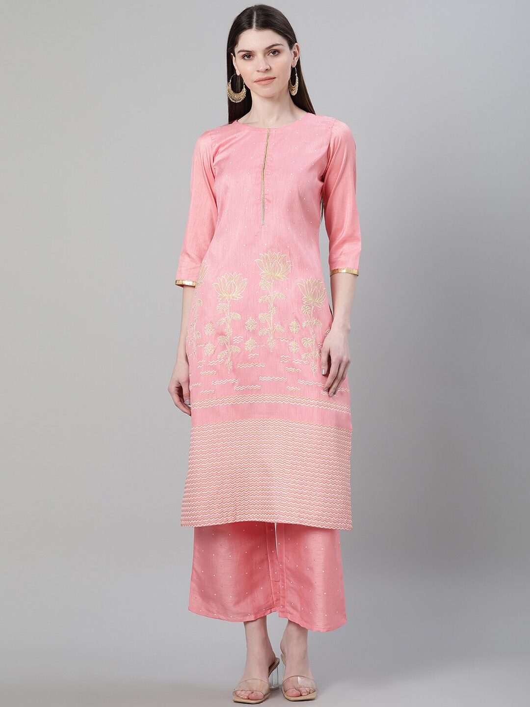 

ZIYAA Women Pink Woven Design Straight Kurta
