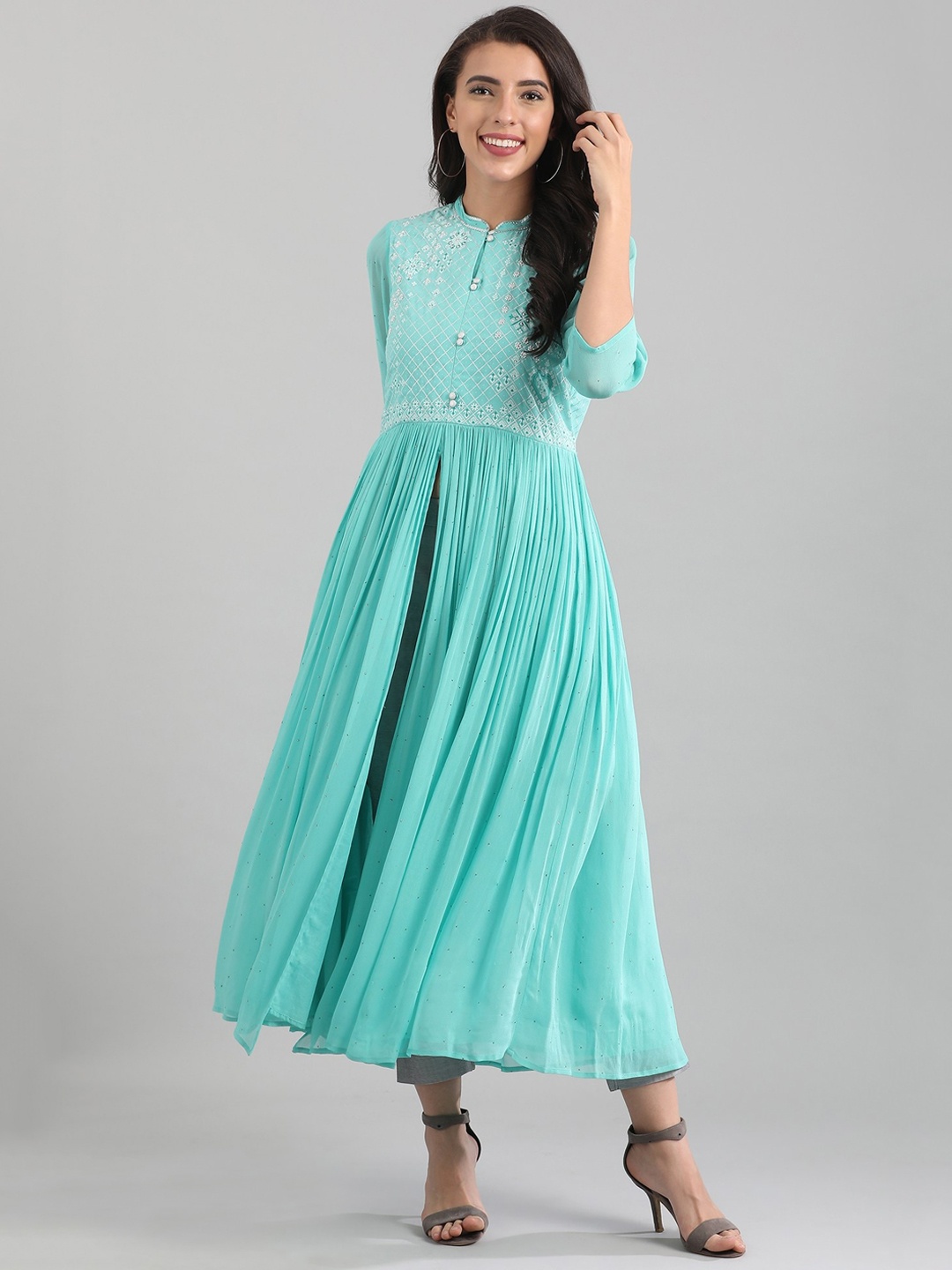 

AURELIA Women Blue Self Design Fit and Flare Dress