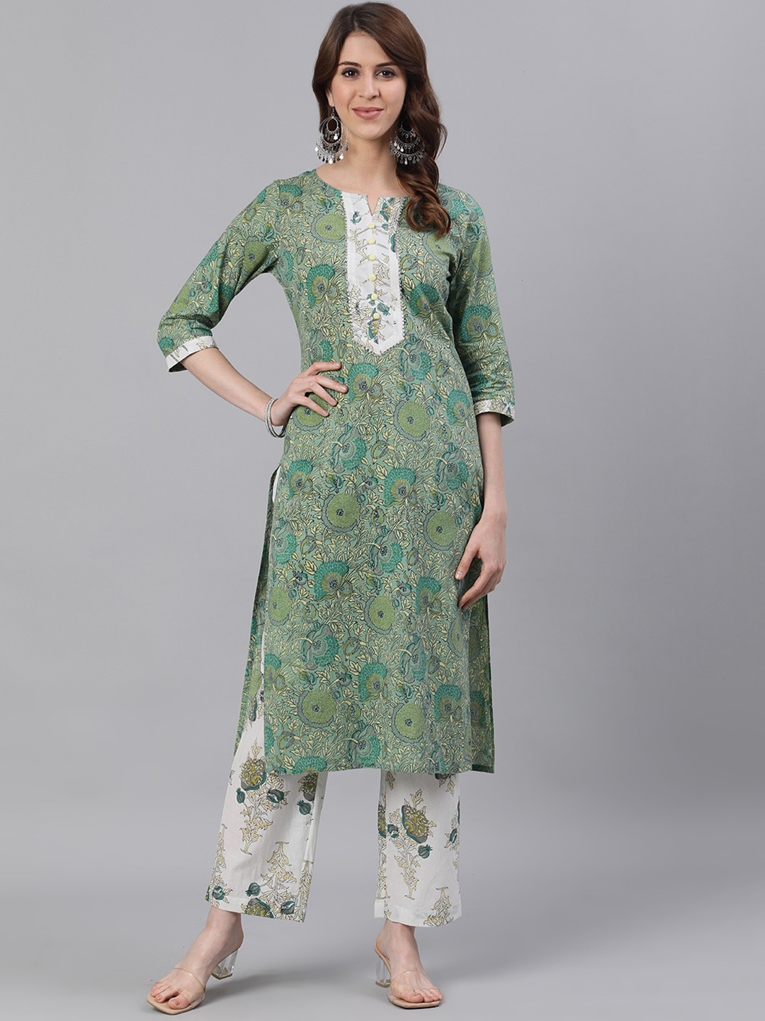

Jaipur Kurti Women Green & White Printed Kurta with Palazzos