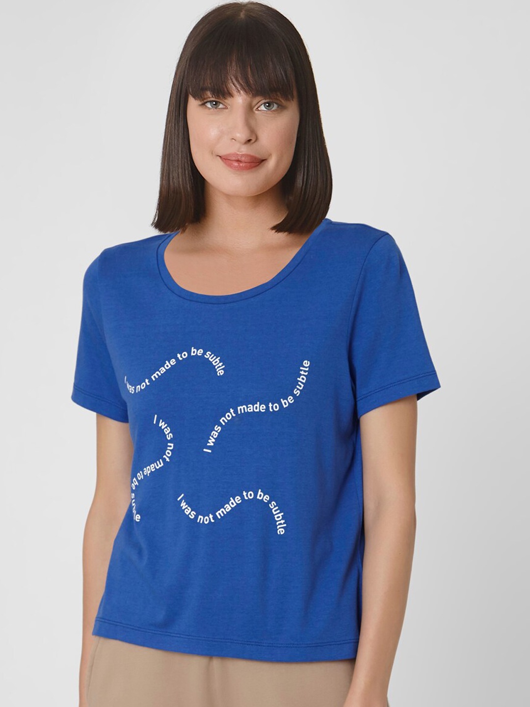 

Vero Moda Women Blue & White Printed Round Neck T-shirt