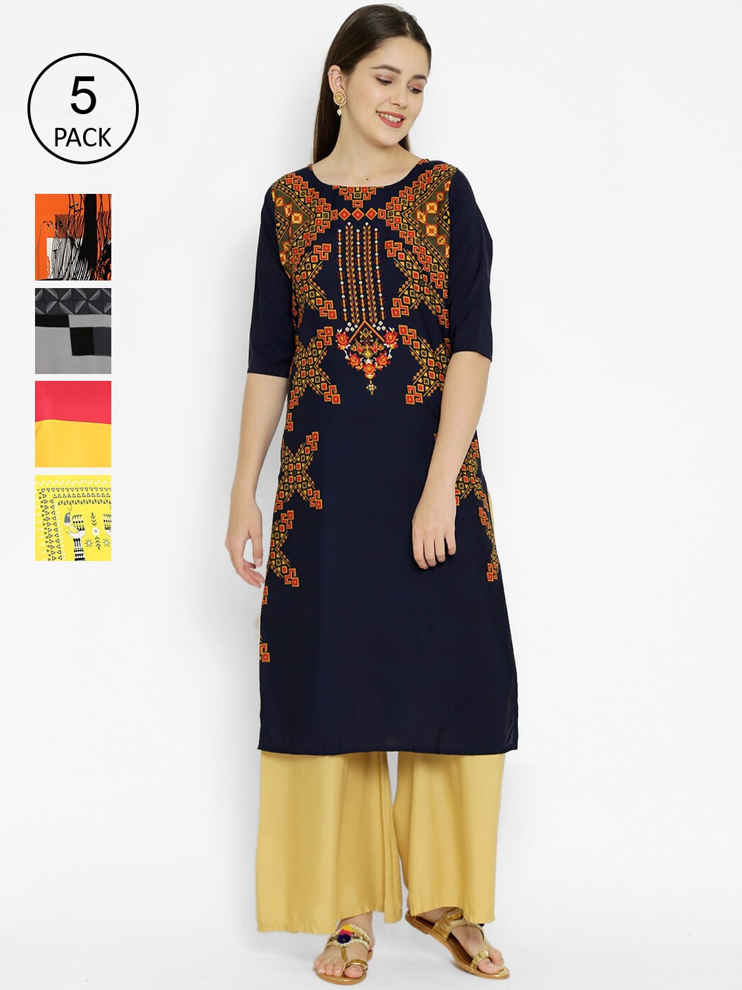 

7Threads Pack of 5 Multicoloured Quirky Printed Crepe Kurta, Multi