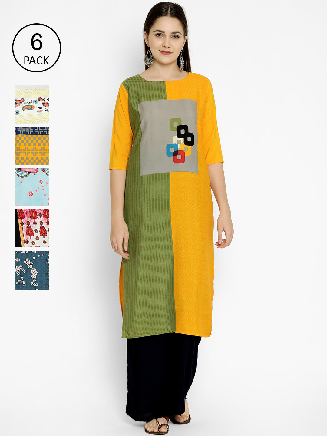 

7Threads Pack Of 6 Printed Crepe Kurtas, Multi