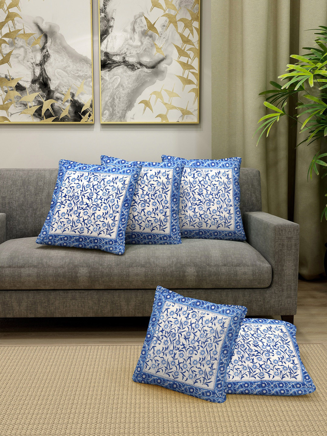 

Gulaab Jaipur Blue & White Set of 5 Hand-Block Printed Floral Square Cushion Covers