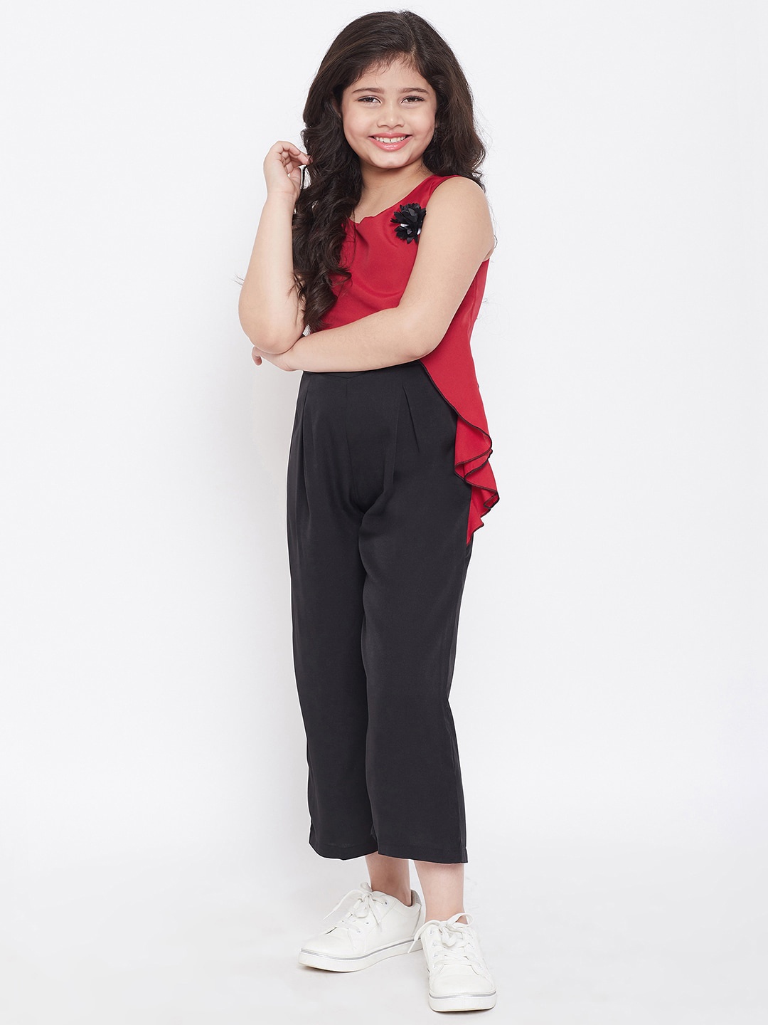 

Stylo Bug Girls Maroon & Black Colourblocked Basic Jumpsuit