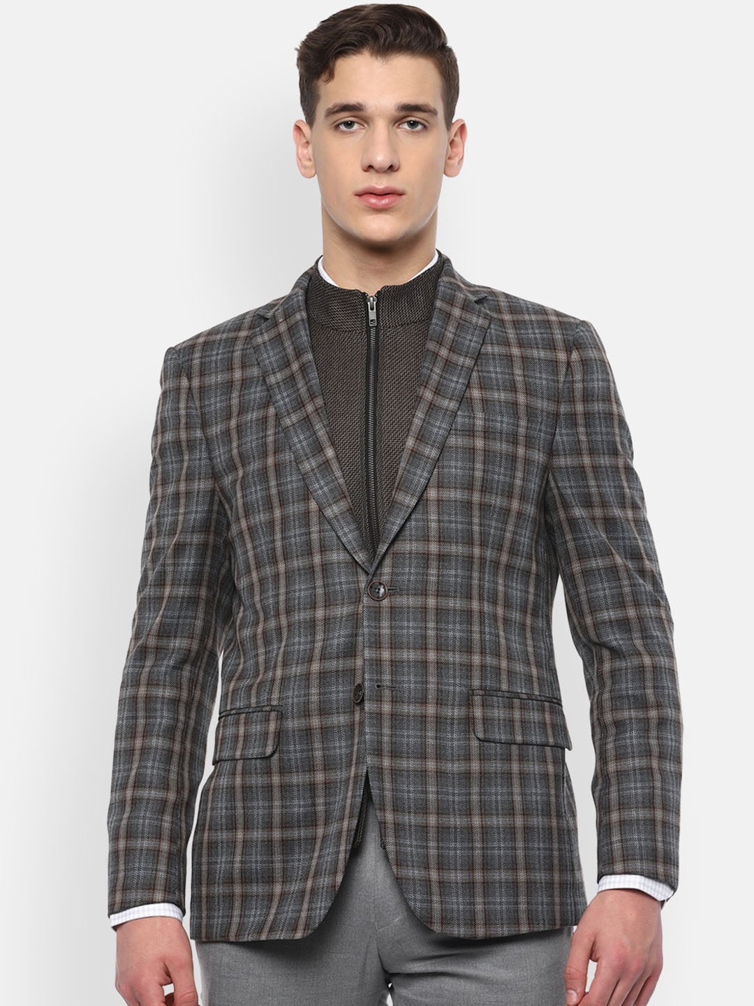 

Van Heusen Men Grey & Brown Checked Slim-Fit Single-Breasted Formal Blazer
