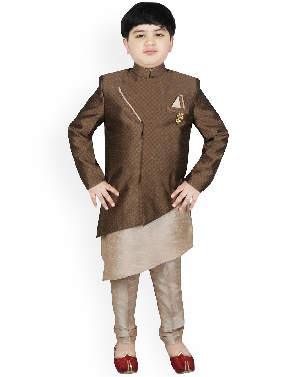 

SG YUVRAJ Boys Brown & Beige Woven-Design Raw Silk Sherwani Set