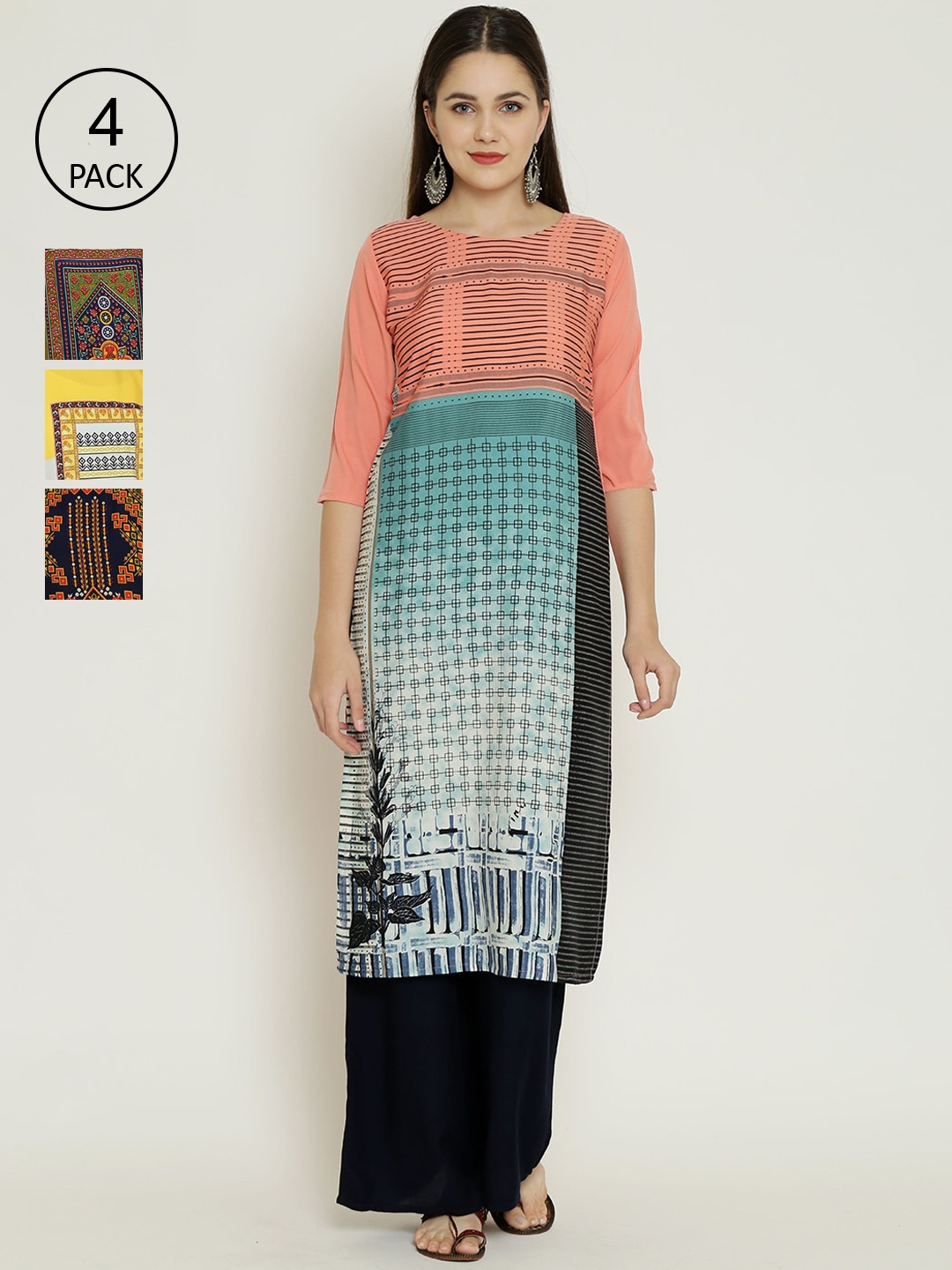 

7Threads Pack Of 4 Ethnic Motifs Printed Crepe Kurta, Multi