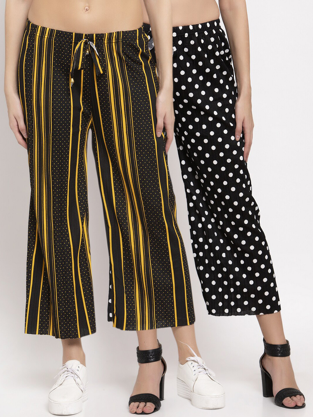 

KLOTTHE Women Pack of 2 Striped Wide Leg Palazzos, Black