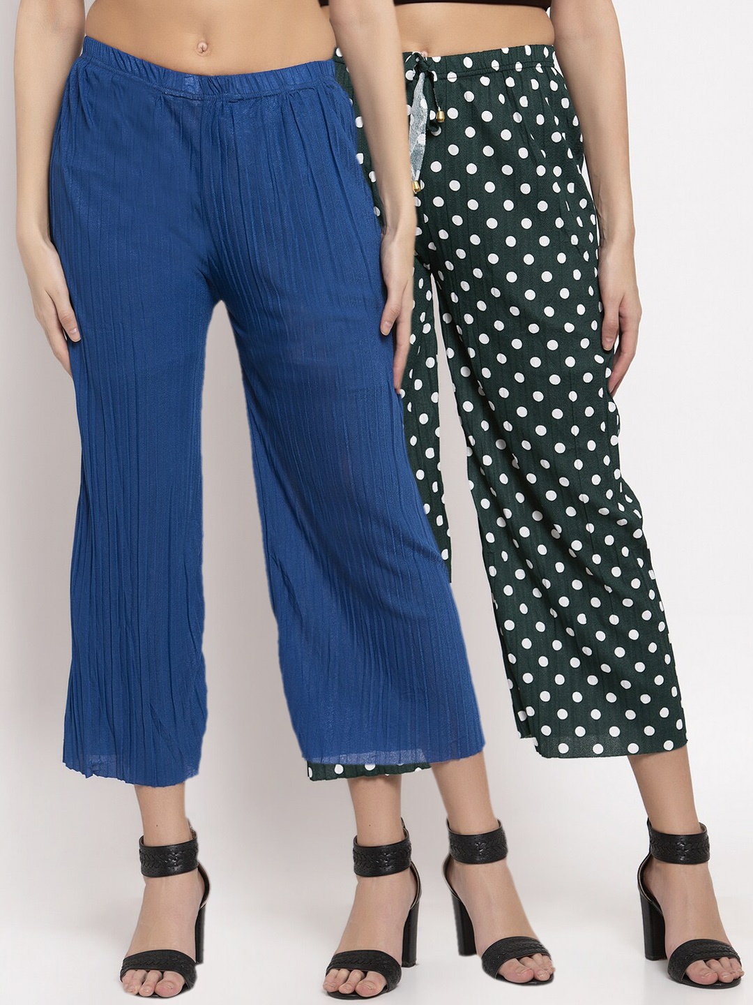 

KLOTTHE Women Pack Of 2 Blue & Green Solid Wide Leg Palazzos