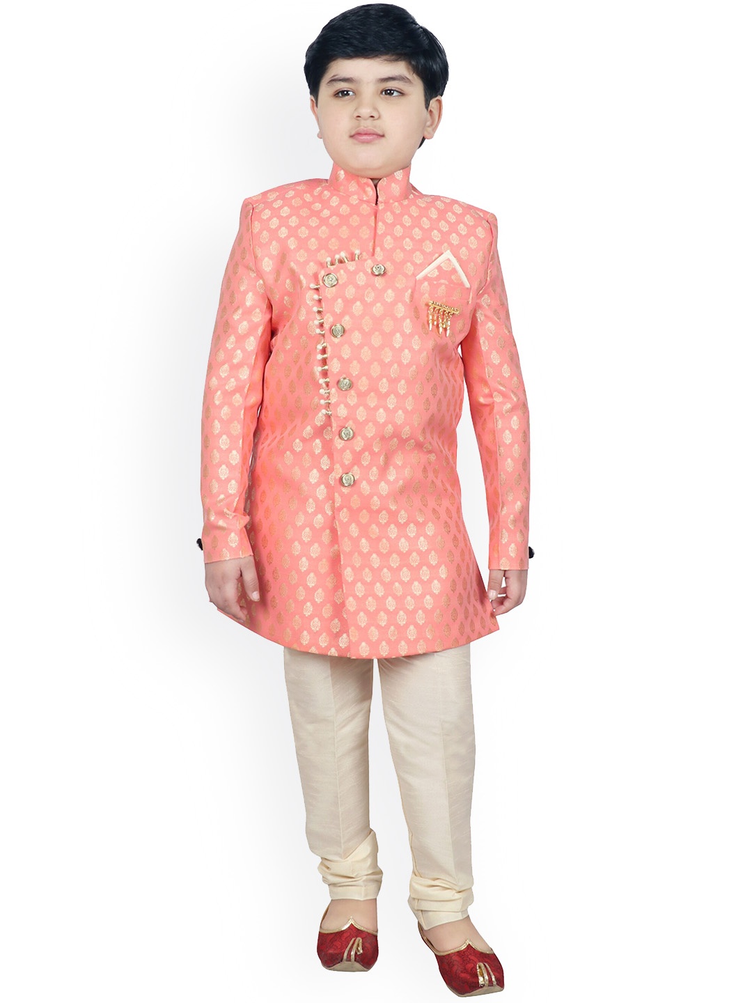 

SG YUVRAJ Boys Peach-Coloured & Off-White Brocade Western Sherwani