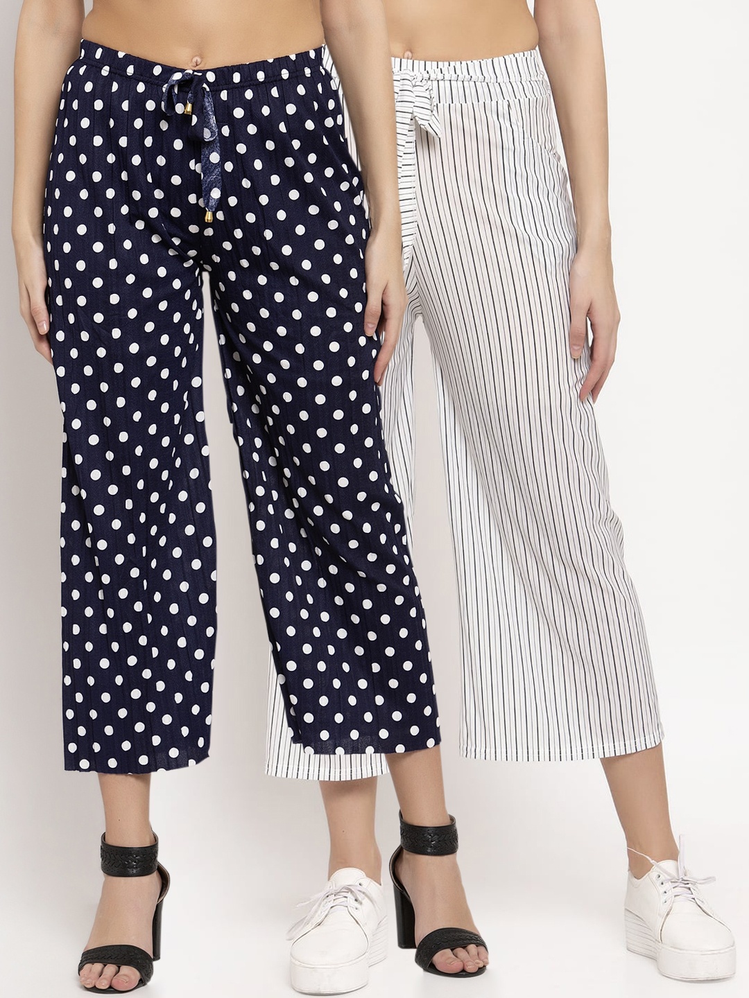 

KLOTTHE Women Pack Of 2 Printed Wide Leg Palazzos, Navy blue
