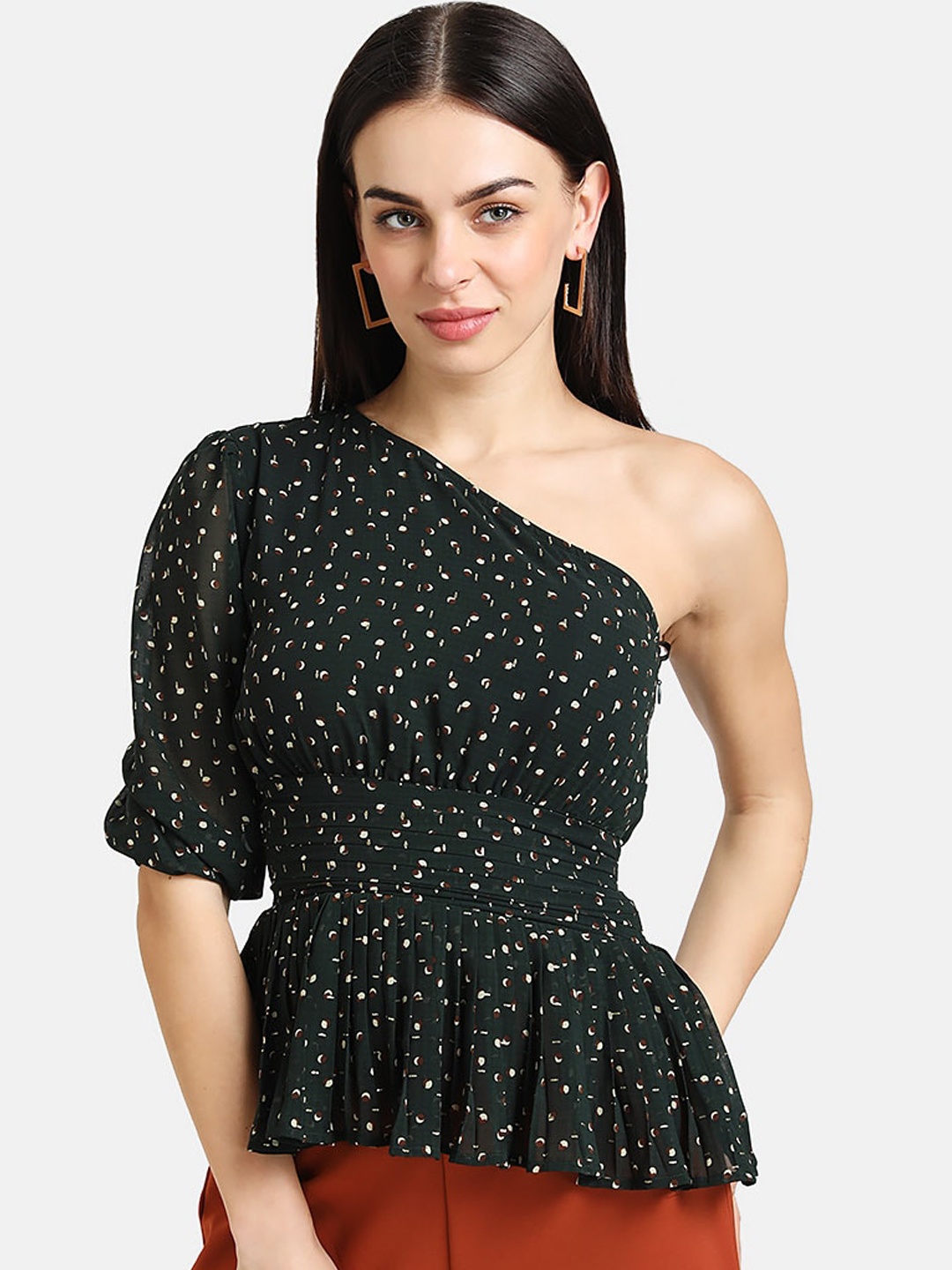 

Kazo Women Green Printed One Shoulder Peplum Top