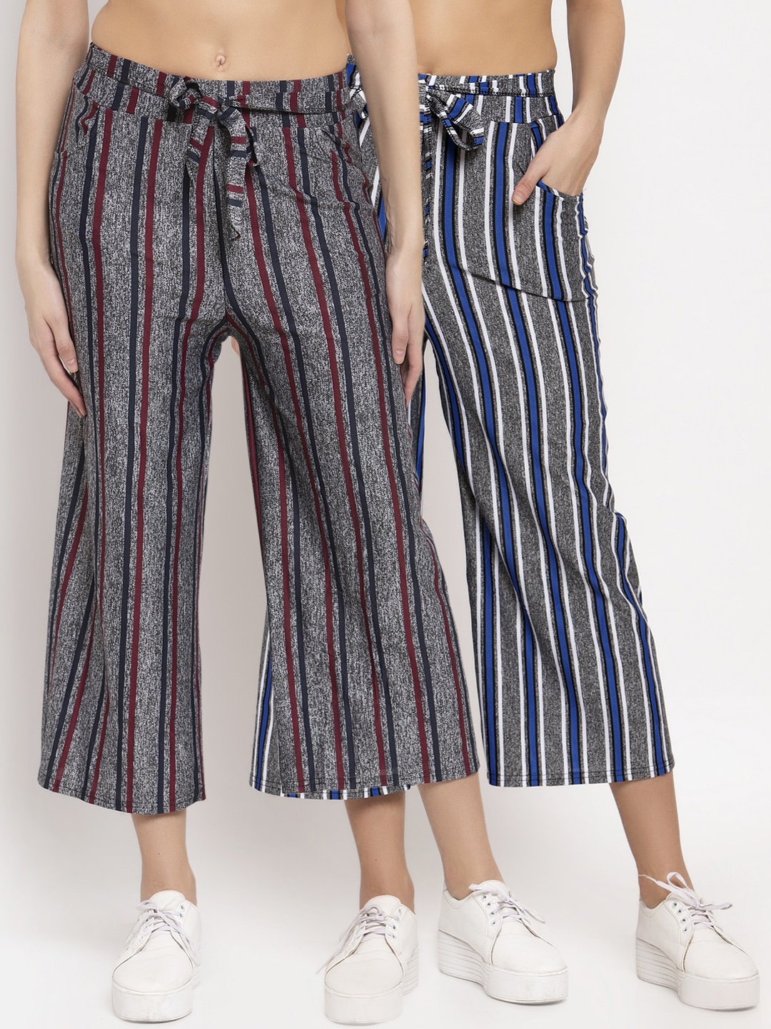 

KLOTTHE Women Pack of 2 Grey & Grey Striped Wide Leg Palazzos
