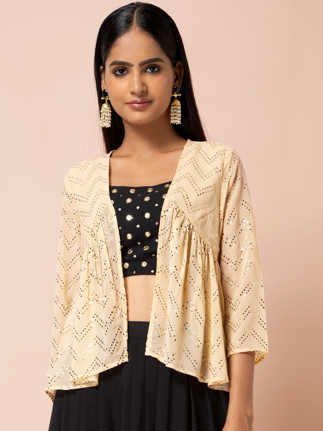 

INDYA Women Beige & Gold-Toned Self Design Open Front Shrug
