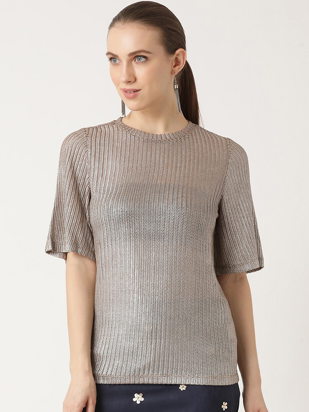 

ZOELLA Beige & Grey Striped Slim Fit Top