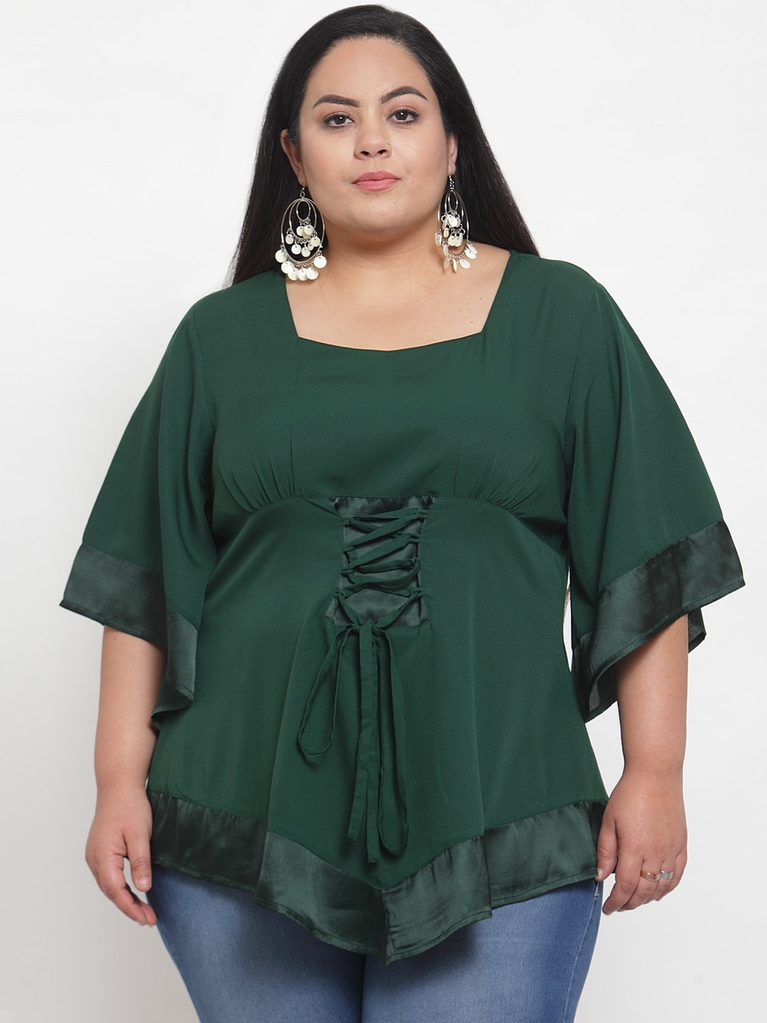

Flambeur Green Flared Sleeves Crepe Kaftan Plus Size Longline Top