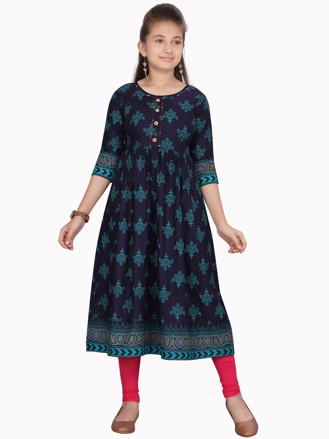 

Aarika Girls Navy Blue & Pink Printed Kurta with Churidar