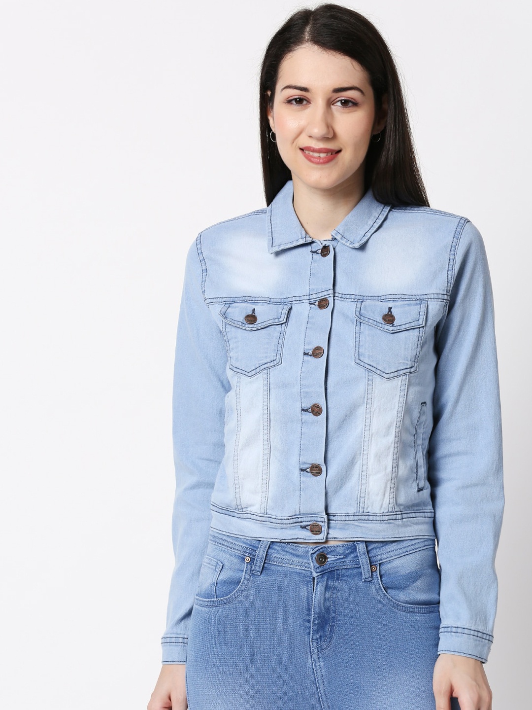 

High Star Women Blue Solid Denim Jacket
