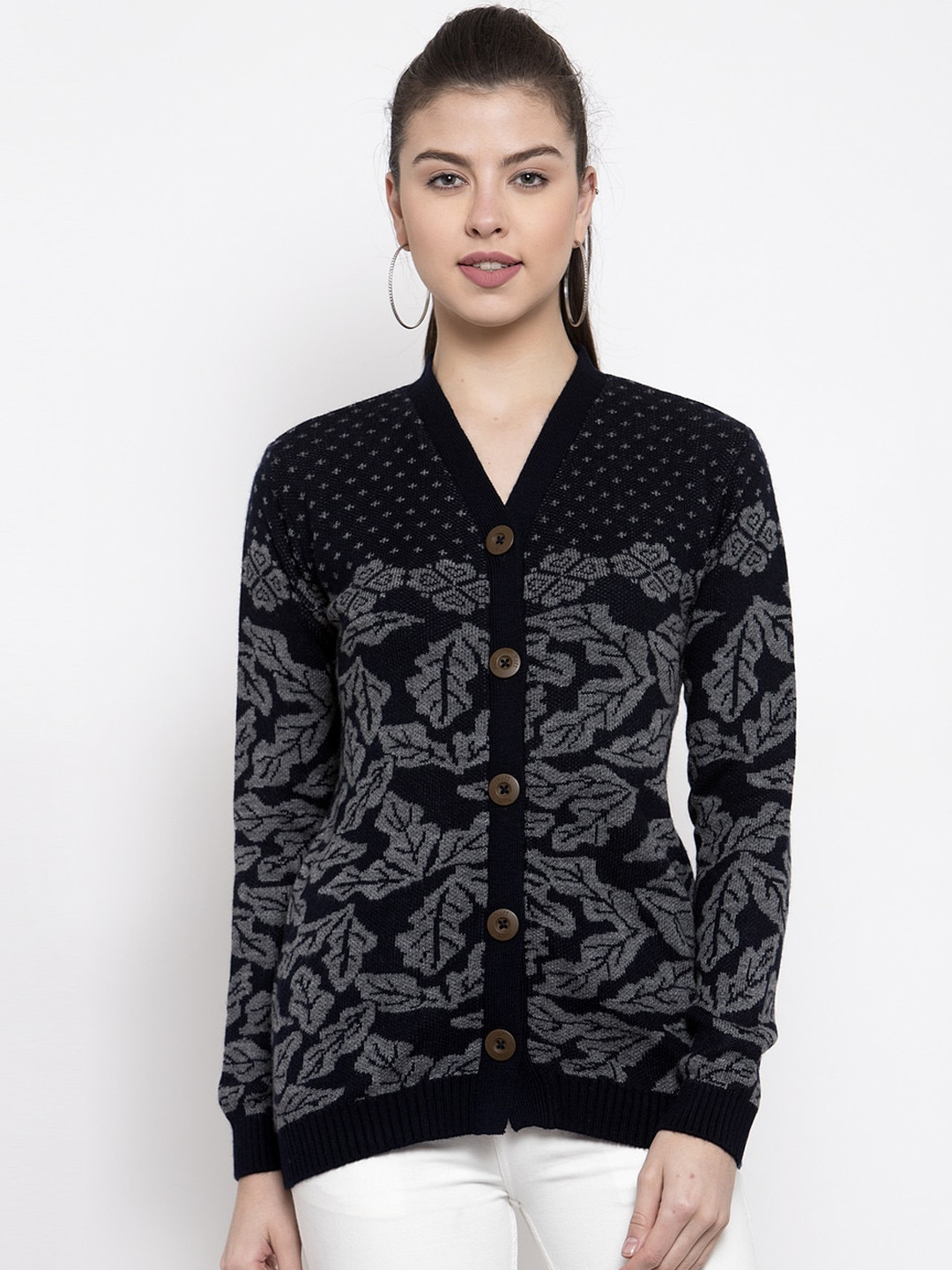 

Kalt Women Navy Blue Printed Cardigan Sweater