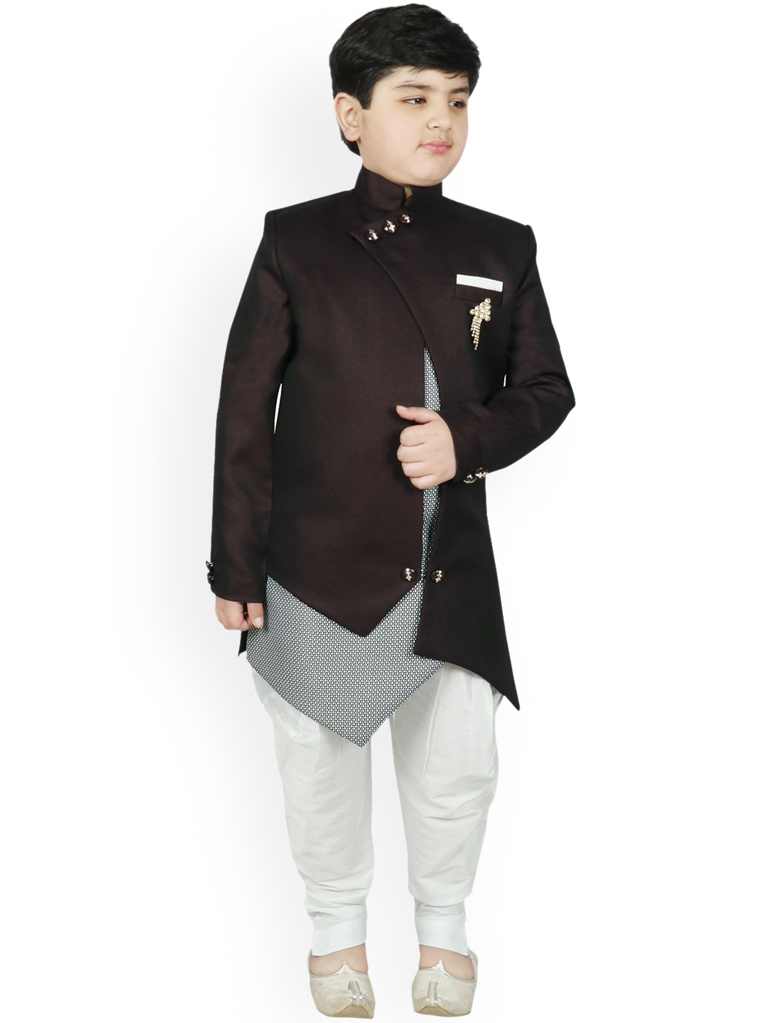 

SG YUVRAJ Boys Coffee-Brown & White Solid Raw Silk Sherwani