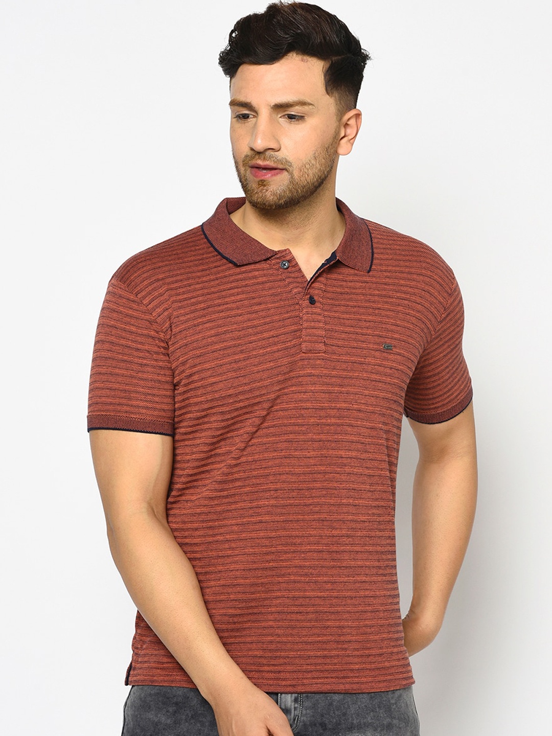 

Duke Men Rust Striped Polo Collar T-shirt