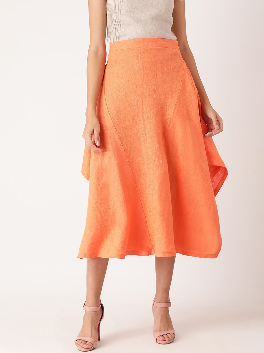 

ROOTED Women Orange Solid Flared Midi Skirt