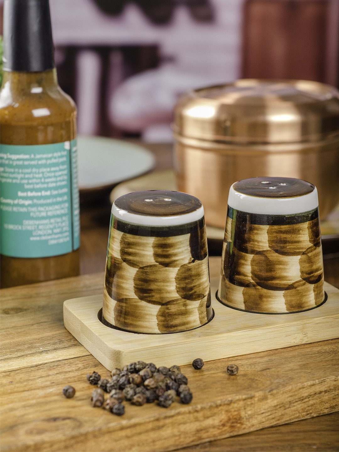 

White Gold Set Of 2 Brown & Beige Printed Salt & Pepper Shakers with Wooden Tray