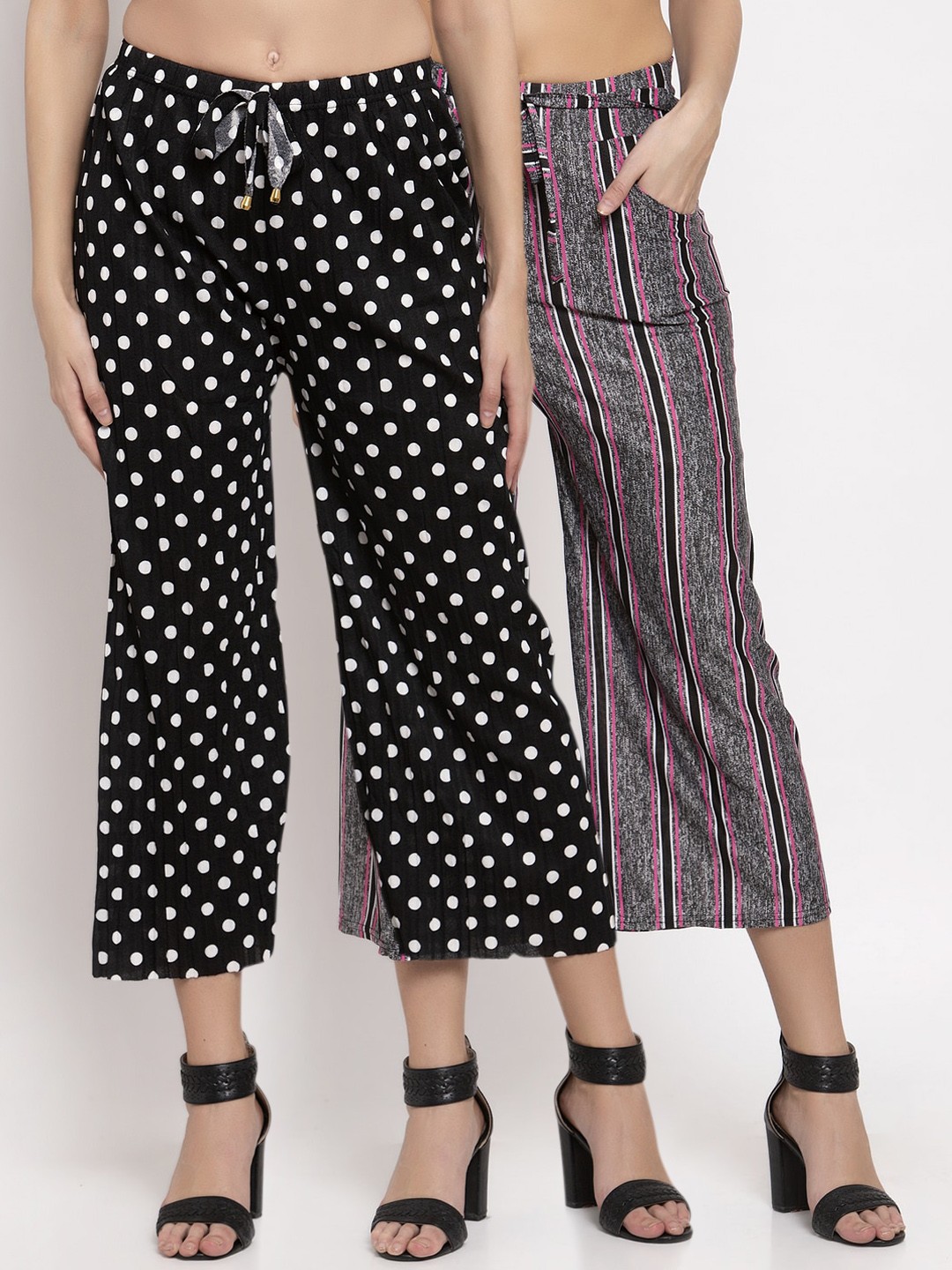 

KLOTTHE Women Pack of 2 Black & Grey Striped Wide Leg Palazzos