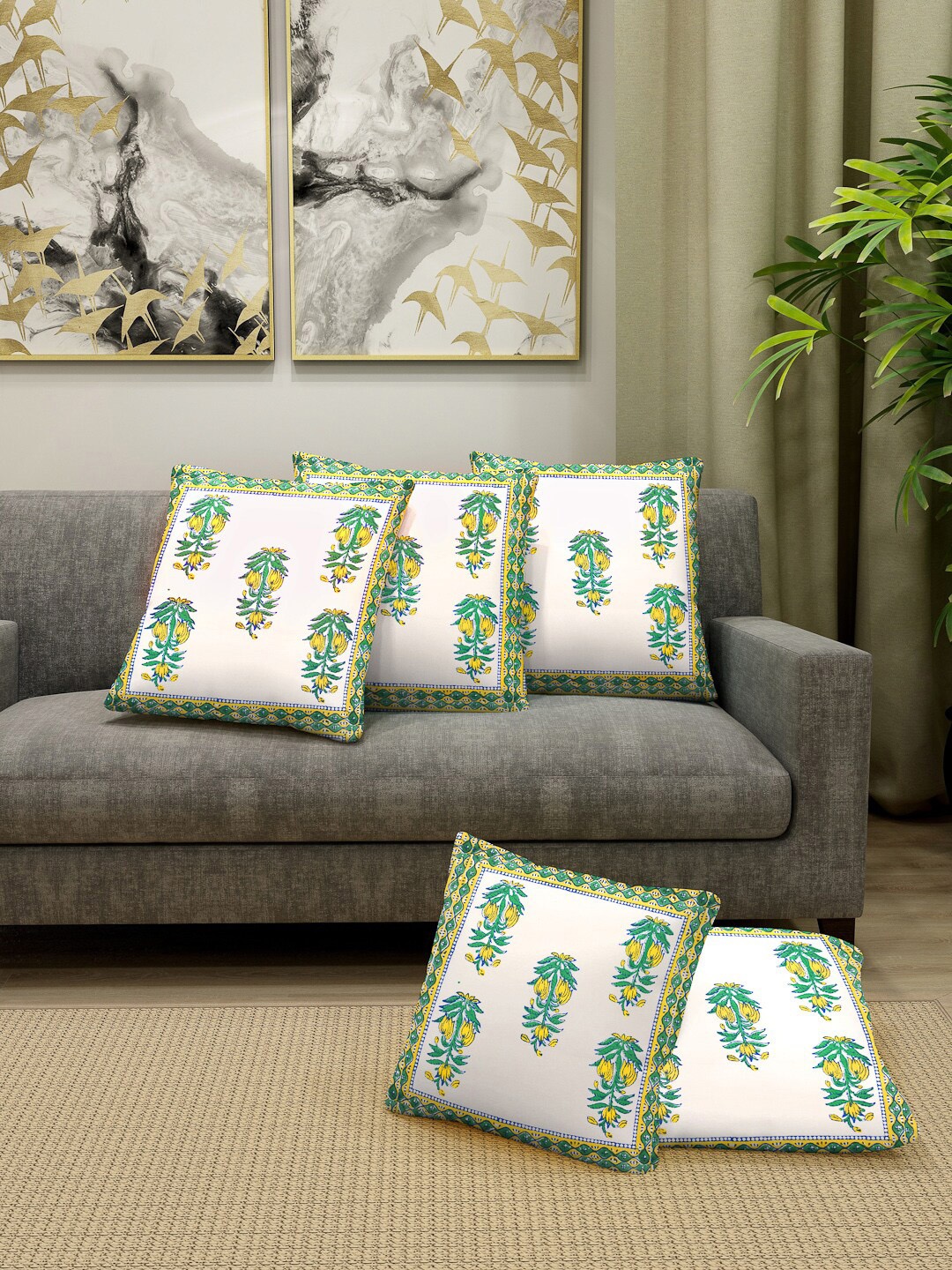 

Gulaab Jaipur White & Green Set of 5 Handblock Printed Square Cushion Covers