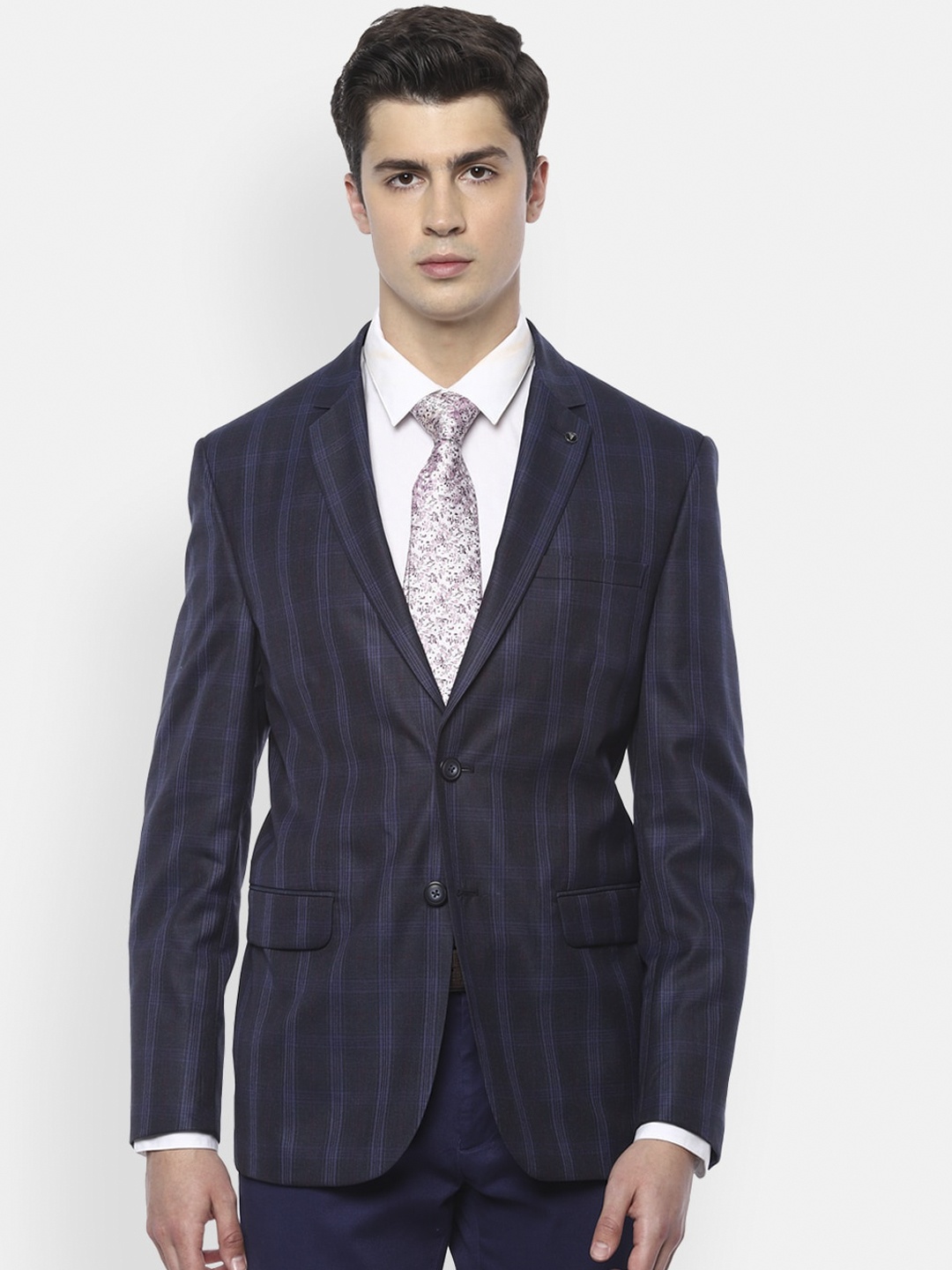 

Van Heusen Men Navy Blue Checked Slim-Fit Single-Breasted Formal Blazer