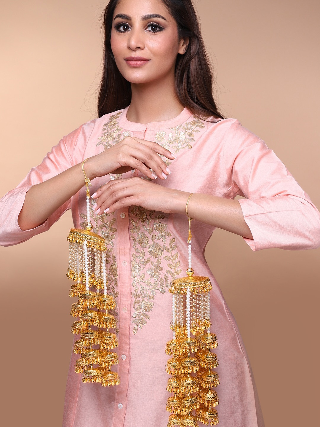 

Rubans Set of 2 Gold Plated White Beaded Handcrafted Bridal Kaleeras