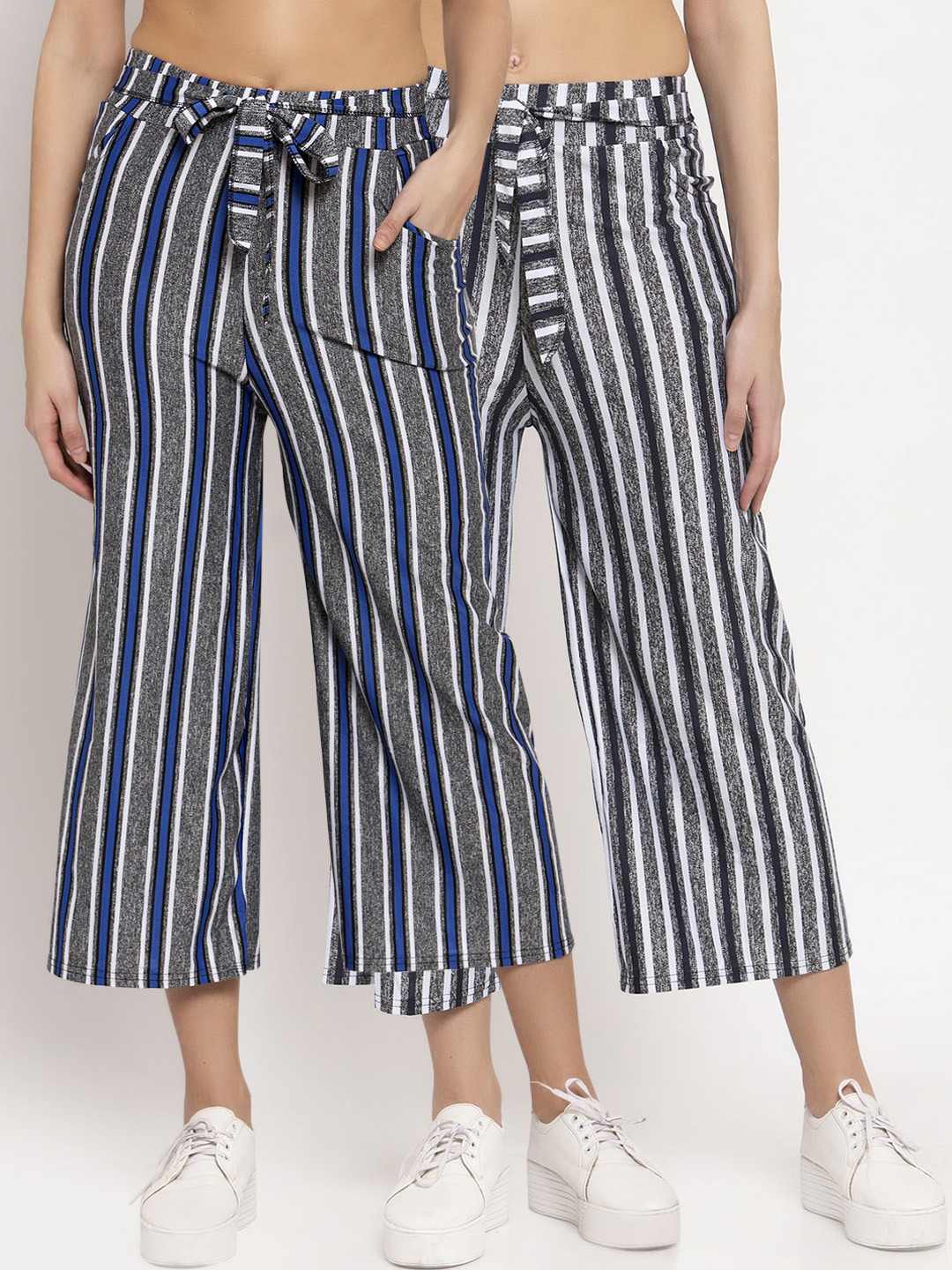 

KLOTTHE Women Pack Of 2 Blue & Grey Striped Wide Leg Palazzos