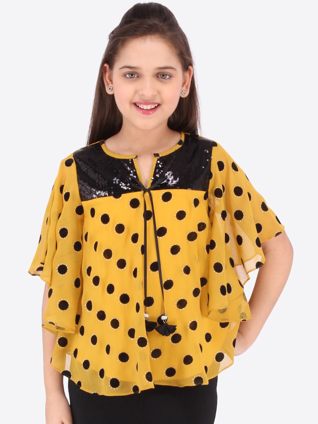 

CUTECUMBER Mustard Yellow Printed Flutter Sleeves Georgette Kaftan Top