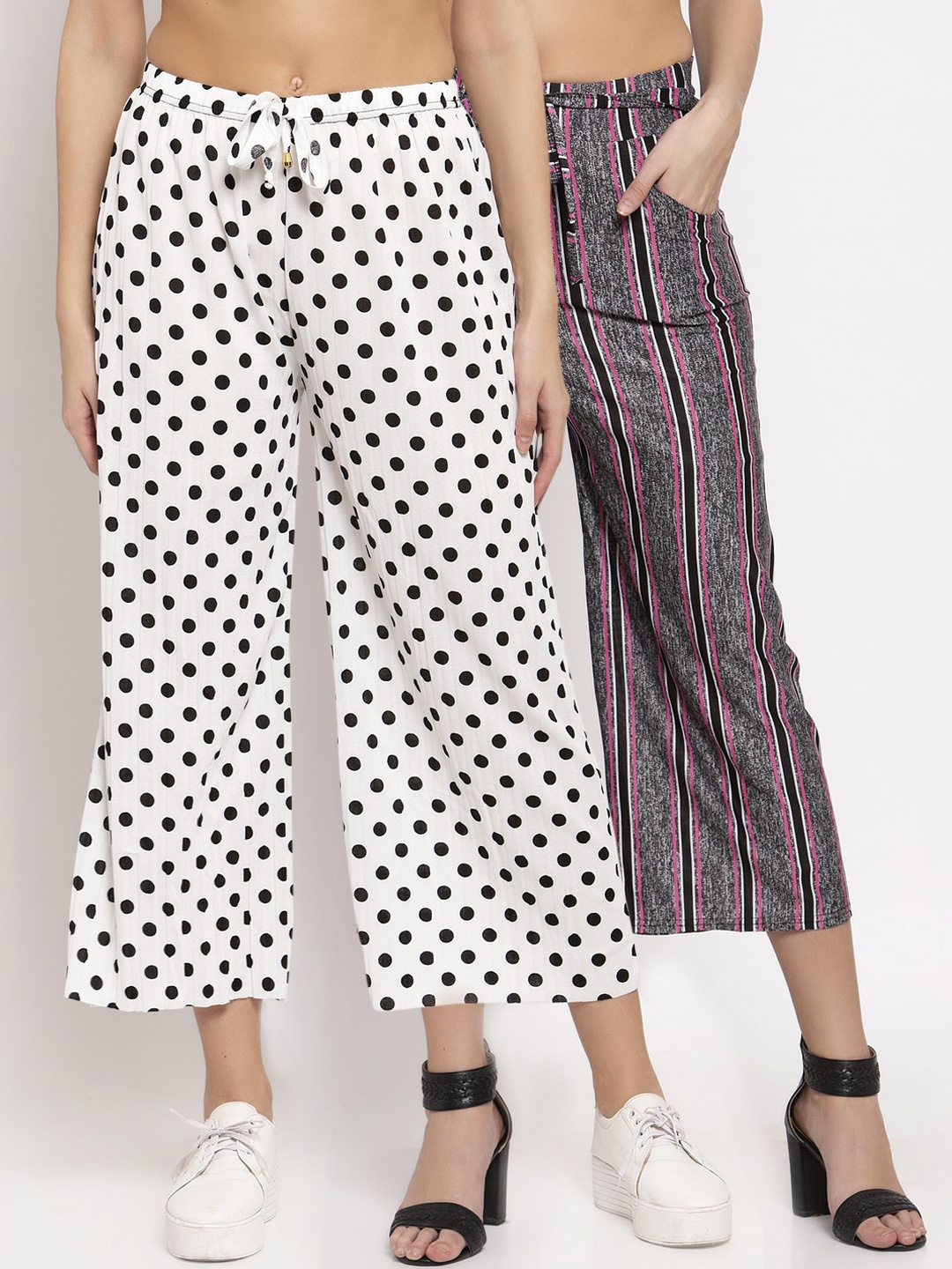 

KLOTTHE Women White & Black Striped Wide Leg Palazzos Set of 2