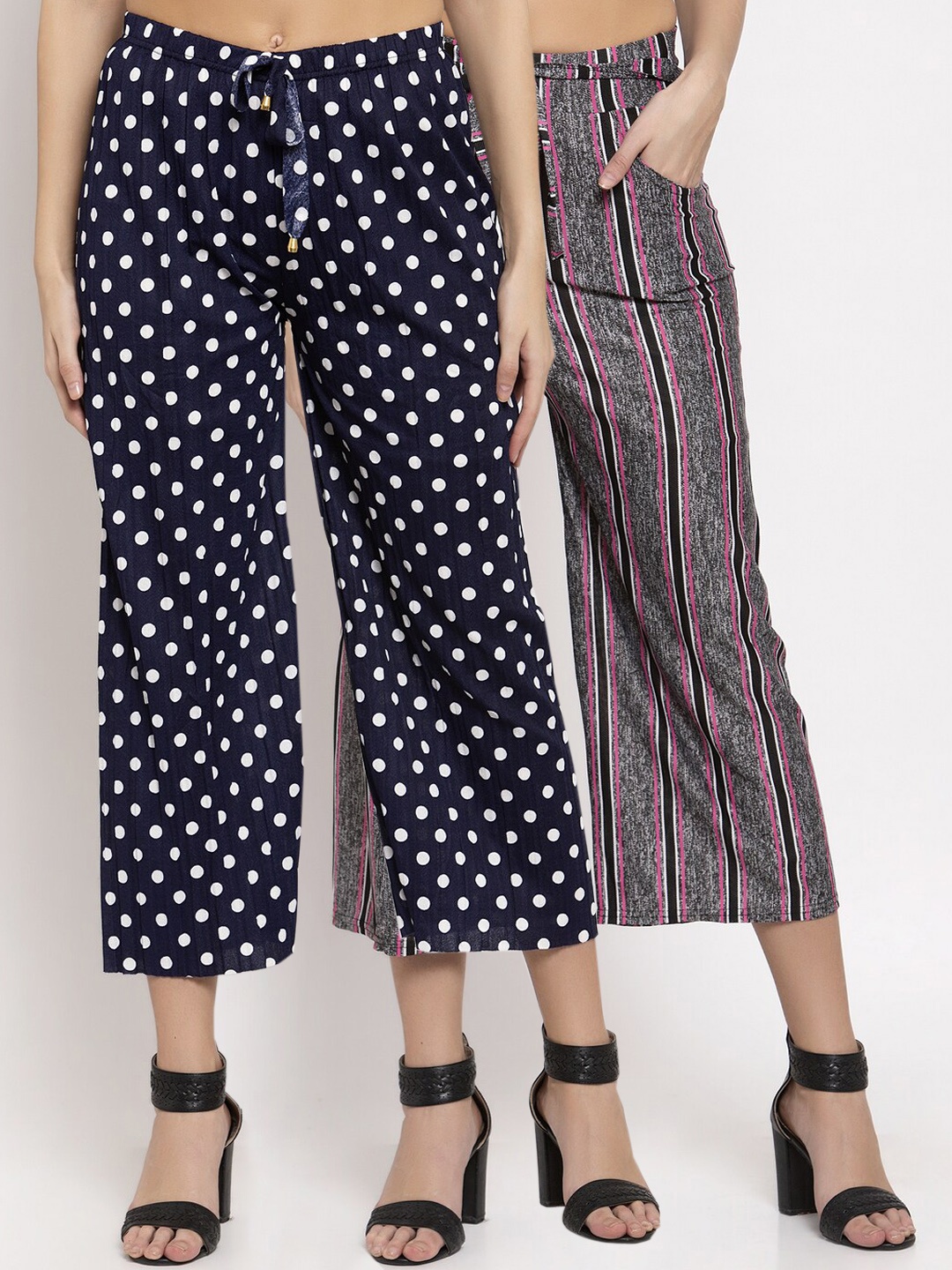 

KLOTTHE Women Pack of 2 Navy Blue & Grey Striped Wide Leg Palazzos