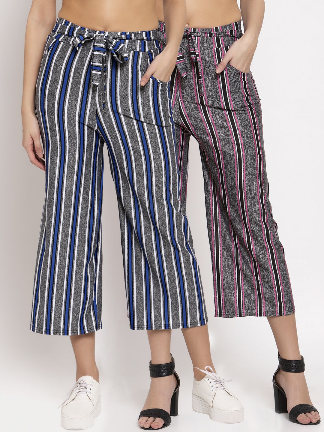 

KLOTTHE Women Grey & Blue Striped Set of 2 Wide Leg Palazzos