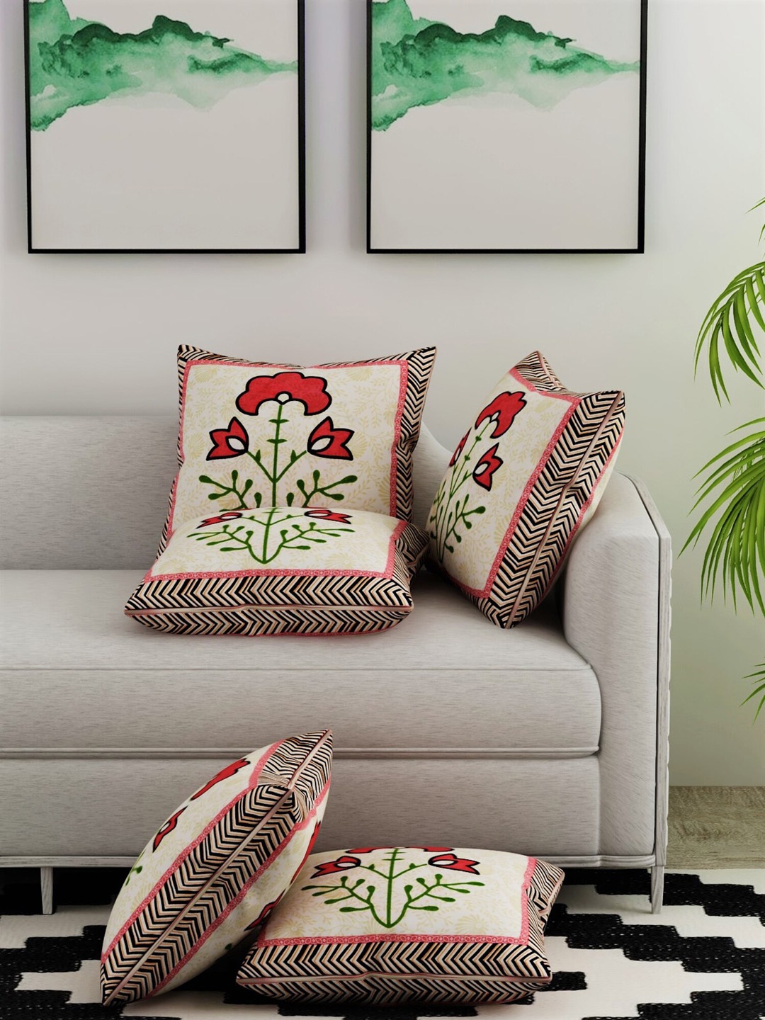 

Salona Bichona Off-White & Peach-Coloured Set of 5 Floral Square Cushion Covers