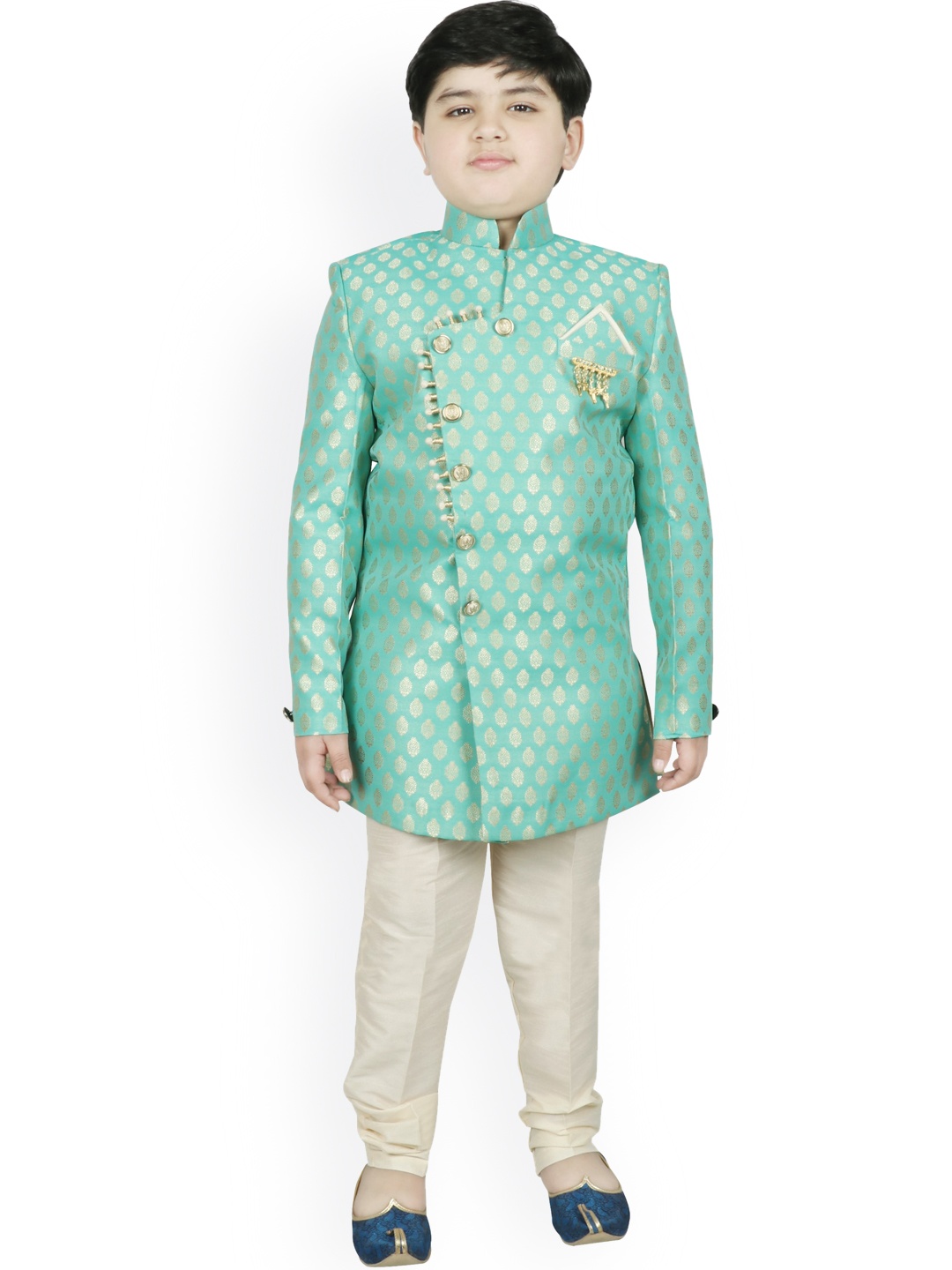 

SG YUVRAJ Boys Sea Green & Gold-Coloured Woven Design Sherwani Set