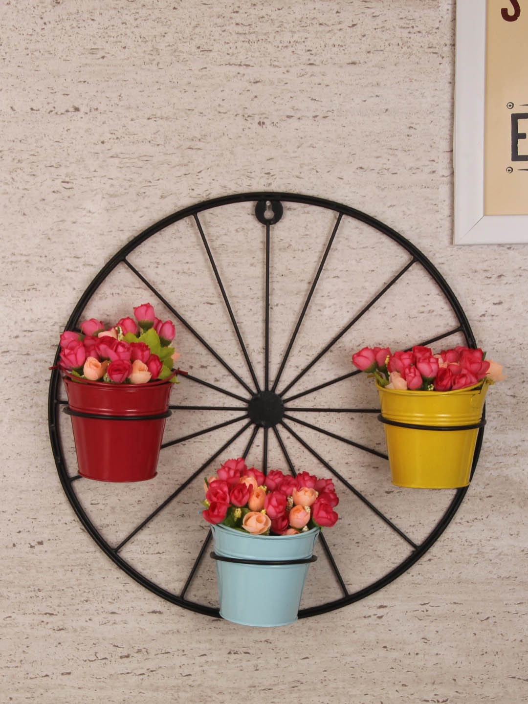 

TIED RIBBONS Set Of 3 Solid Metal Planters With Wheel-Shaped Stand, Black