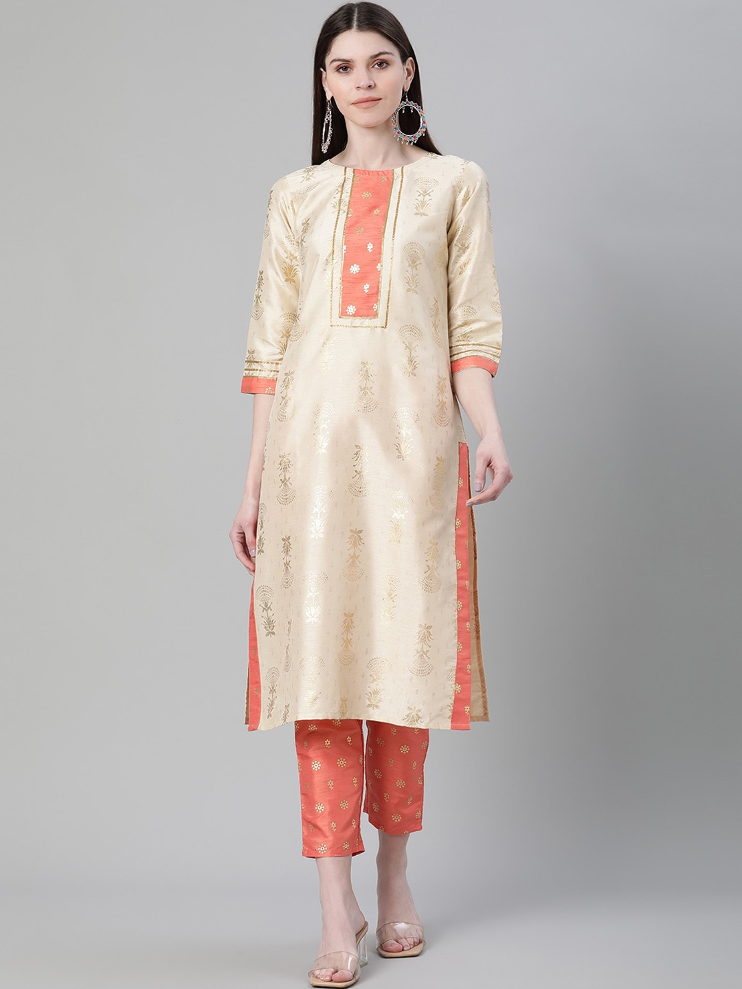 

ZIYAA Women Cream & Peach Yoke Design Straight Kurta