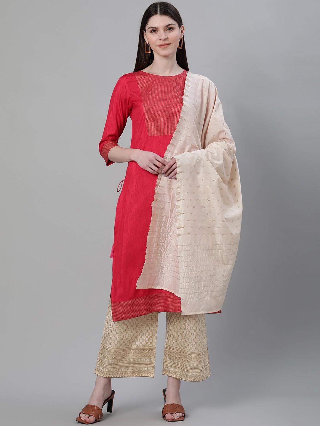 

ZIYAA Women Red & Beige Yoke Design Kurta with Trousers & Dupatta