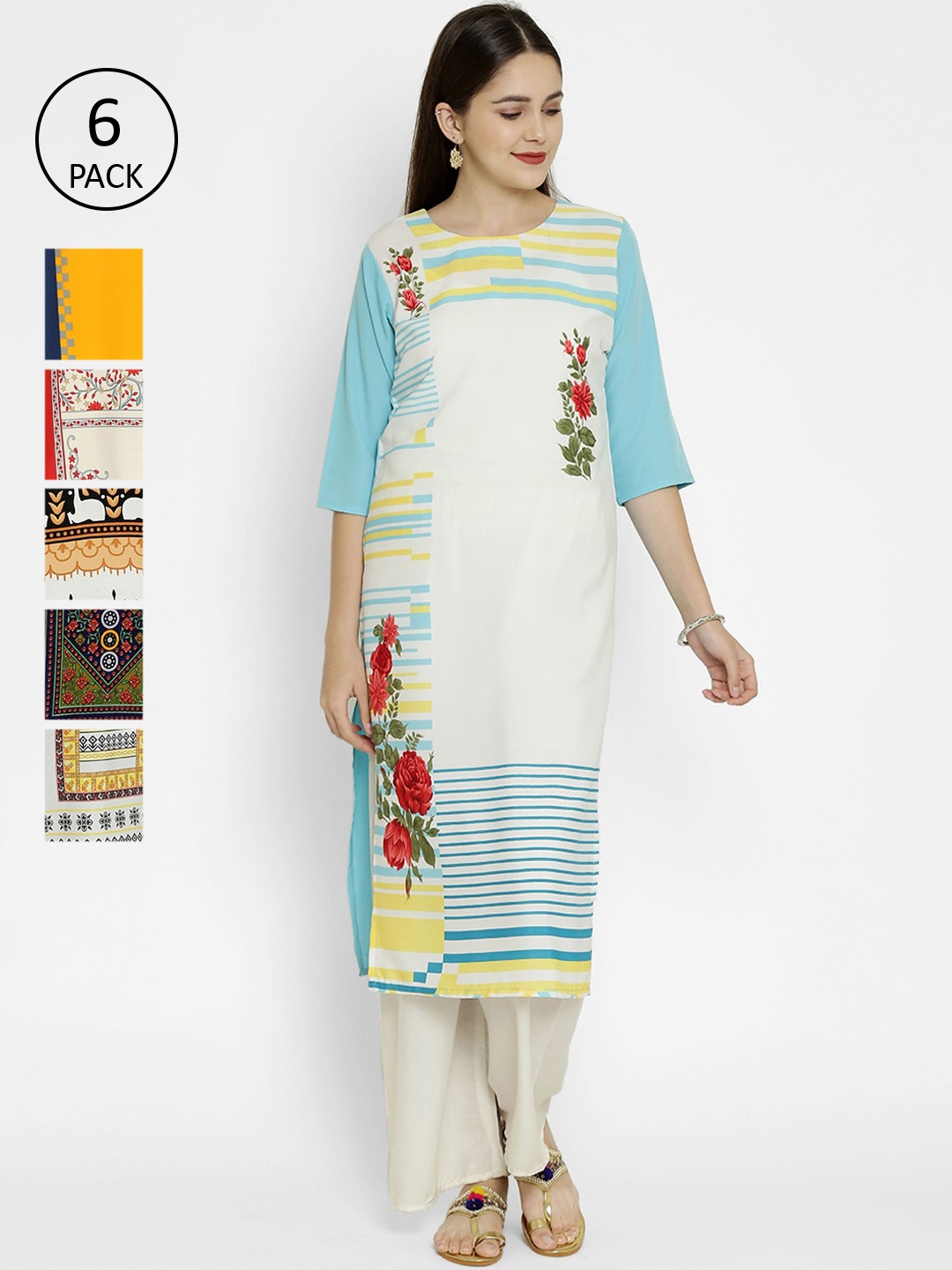 

7Threads Women Pack Of 6 Printed Crepe Kurta, Multi
