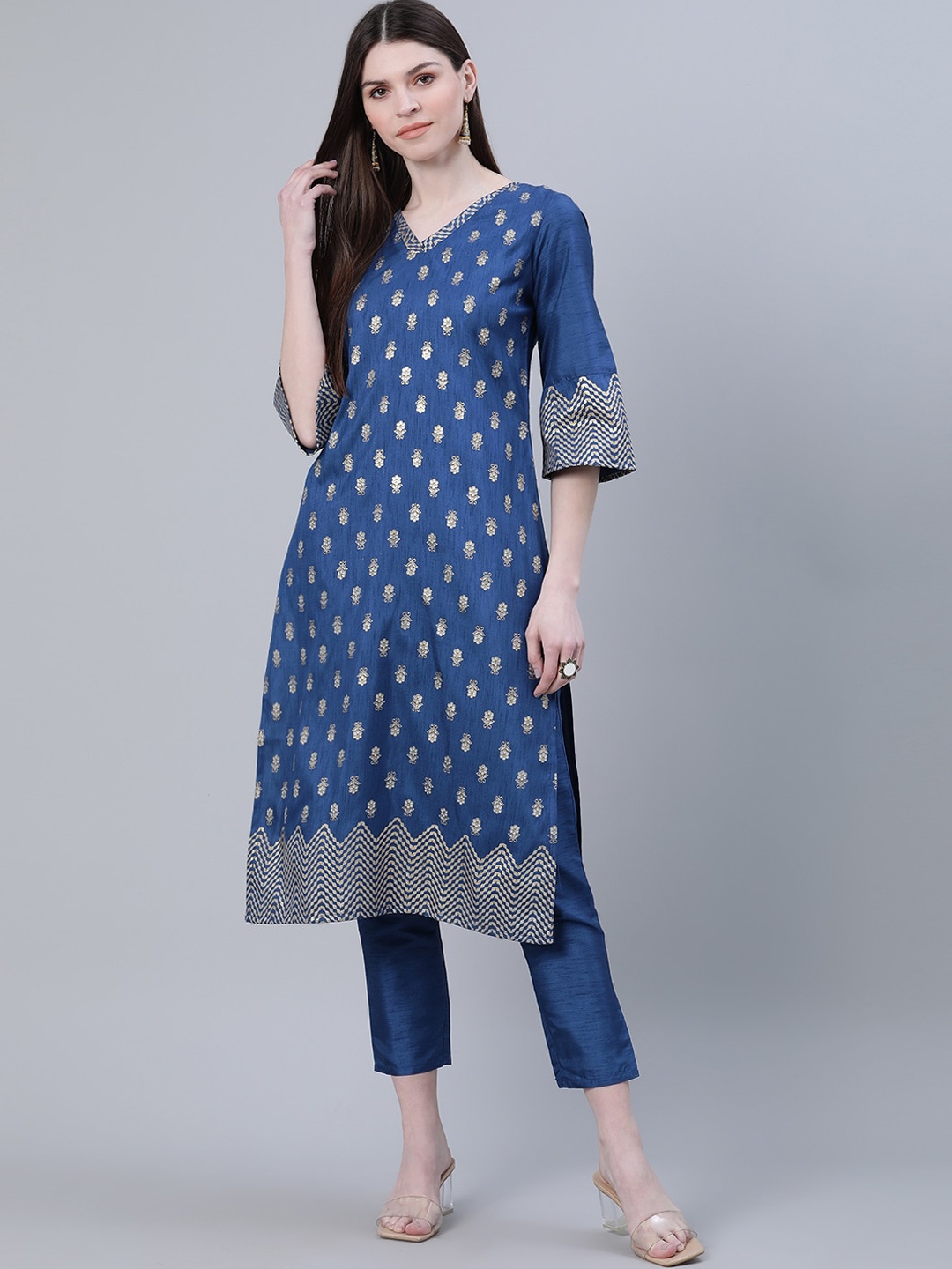 ZIYAA Blue Ethnic Motifs Foil Printed Kurta