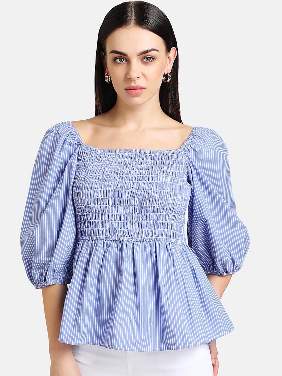 

Kazo Blue Striped Puff Sleeves Pure Cotton Peplum Top