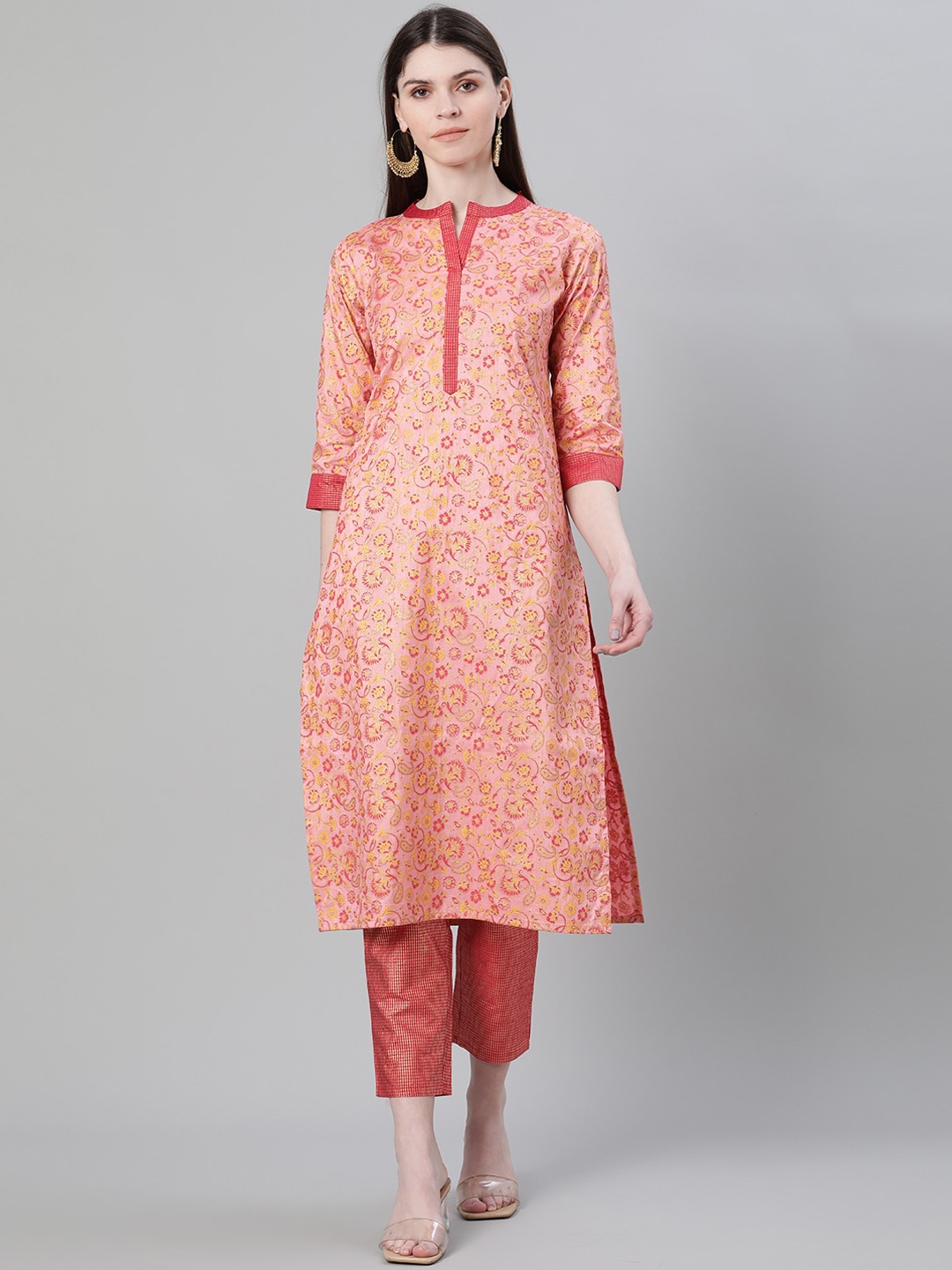 

ZIYAA Pink Floral Foil Printed Kurta