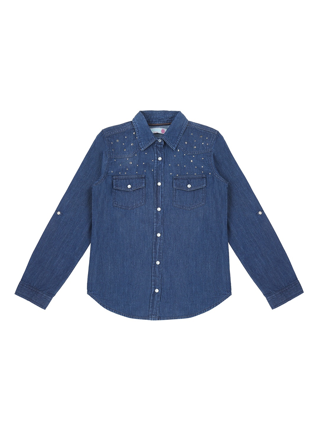 

Pantaloons Junior Girls Blue Embellished Pure Cotton Shirt Style Top
