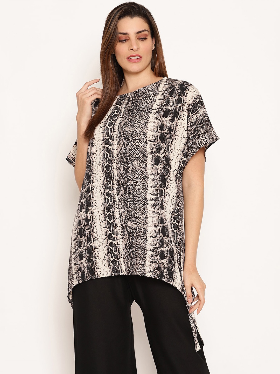 

Ruhaans Black Snake Skin Printed Crepe High-Low Top