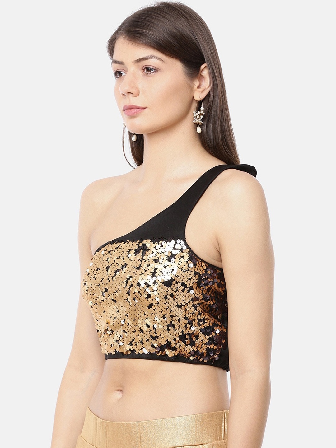 

Ira Soleil Gold-Toned Embellished One Shoulder Chiffon Bralette Crop Top