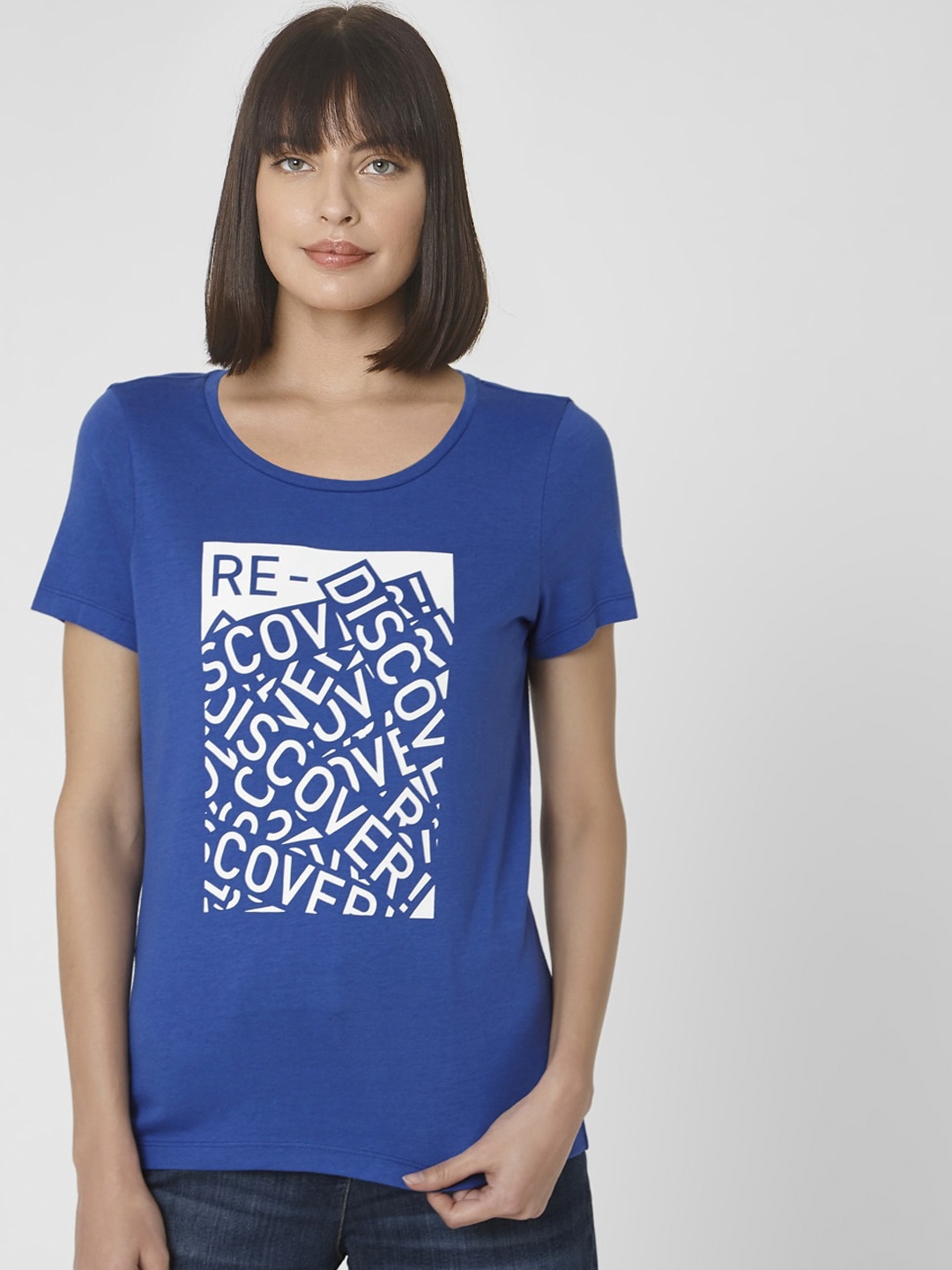 

Vero Moda Women Blue & White Printed Round Neck T-shirt